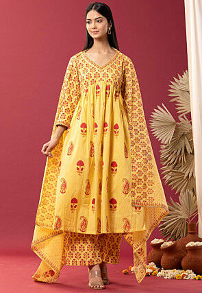 Printed Cotton Cambric Aline Suit in Yellow
