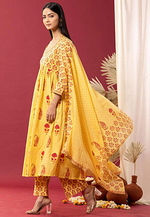 Printed Cotton Cambric Aline Suit in Yellow