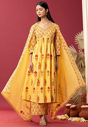 Printed Cotton Cambric Aline Suit in Yellow