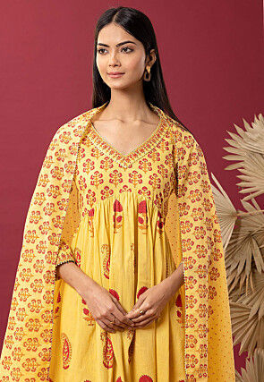 Printed Cotton Cambric Aline Suit in Yellow