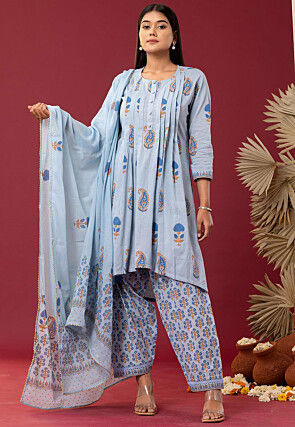 Printed Cotton Cambric Pakistani Suit in Sky Blue
