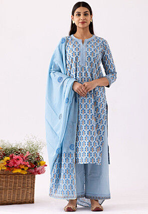 Printed Cotton Cambric Pakistani Suit in Sky Blue