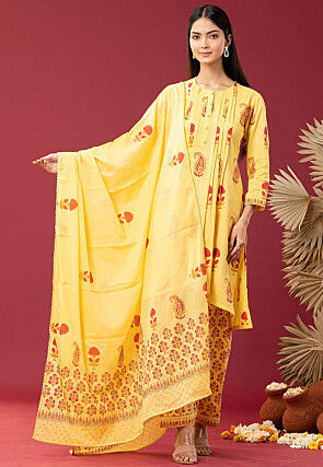 Printed Cotton Cambric Pakistani Suit in Yellow