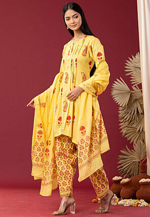 Printed Cotton Cambric Pakistani Suit in Yellow