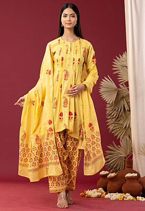 Printed Cotton Cambric Pakistani Suit in Yellow