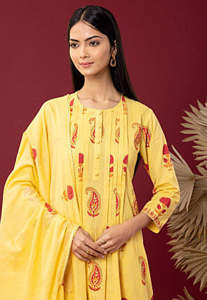 Printed Cotton Cambric Pakistani Suit in Yellow