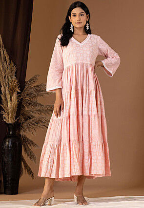 Printed Cotton Cambric Tiered Kurta in Peach