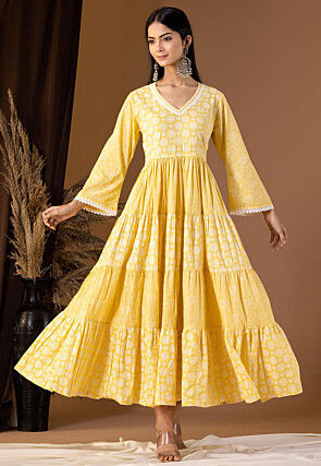 Printed Cotton Cambric Tiered Kurta in Yellow