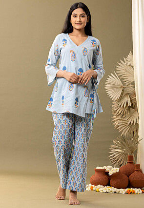 Printed Cotton Cambric Tunic Set in Sky Blue