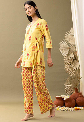 Printed Cotton Cambric Wrap Around Tunic Set in Yellow