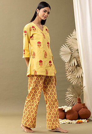 Printed Cotton Cambric Wrap Around Tunic Set in Yellow
