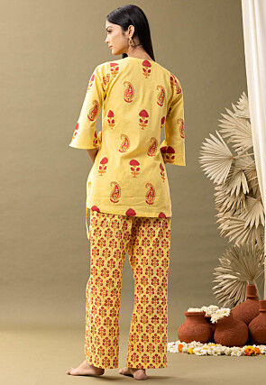 Printed Cotton Cambric Wrap Around Tunic Set in Yellow
