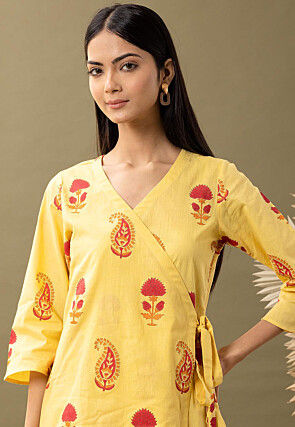 Printed Cotton Cambric Wrap Around Tunic Set in Yellow