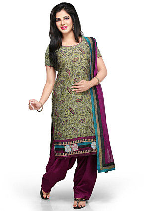 Printed Cotton Chanderi Punjabi Suit in Olive Green