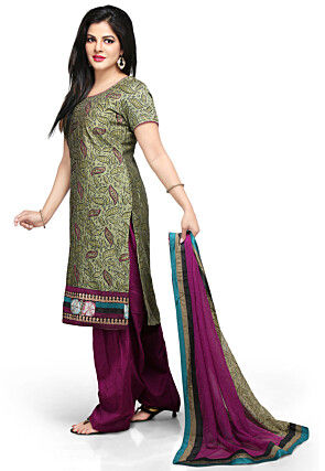 Printed Cotton Chanderi Punjabi Suit in Olive Green