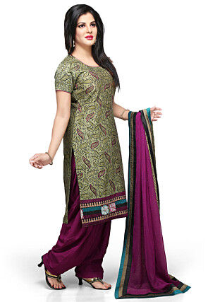 Printed Cotton Chanderi Punjabi Suit in Olive Green