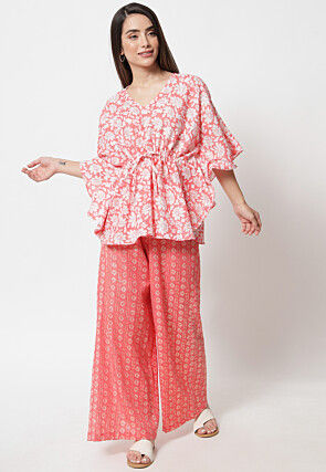 Printed Cotton Clinched Waist Kaftan Top Set in Pink