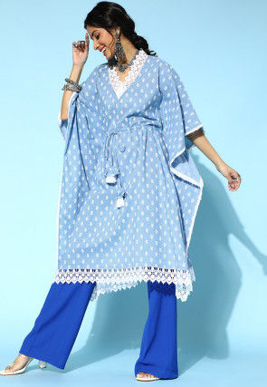 Printed Cotton Clinched Waist Ruffled Kaftan in Light Blue