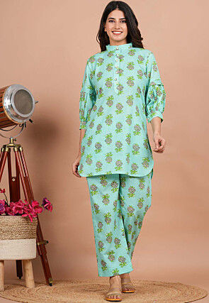Printed Cotton Co Ord Set in Turquoise