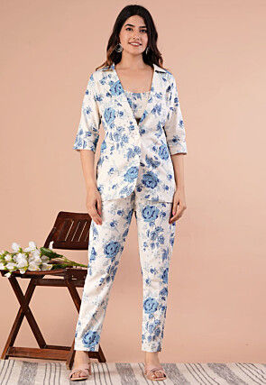Printed Cotton Co Ord Set in White