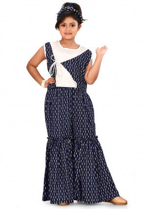 Printed Cotton Crop Top with Sharara in Navy Blue
