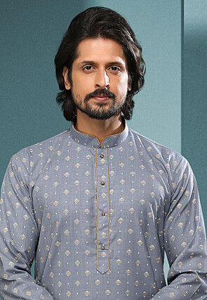 Printed Cotton Dhoti Kurta in Grey