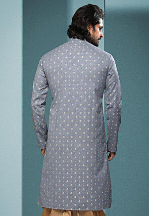 Printed Cotton Dhoti Kurta in Grey