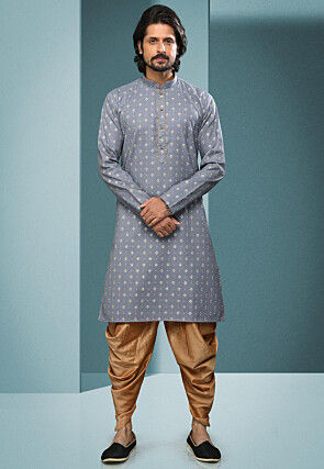 Printed Cotton Dhoti Kurta in Grey