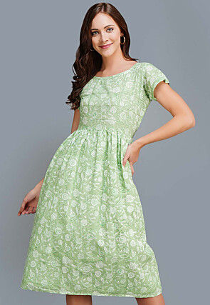 Printed Cotton Dress in Light Green