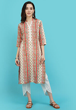 Printed Cotton Dress in Off White and Multicolor