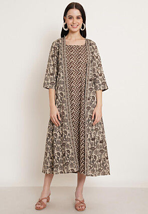 Printed Cotton Fit N Flare Dress with Jacket in Brown