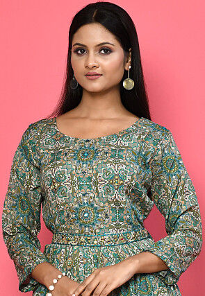 Printed Cotton Flared Dress in Grey and Multicolor