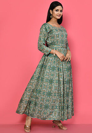 Printed Cotton Flared Dress in Grey and Multicolor