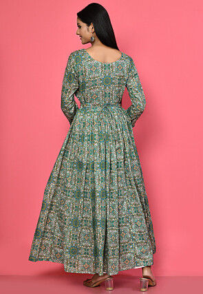 Printed Cotton Flared Dress in Grey and Multicolor