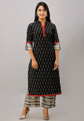 Printed Cotton Flex Kurta with Palazzo in Black