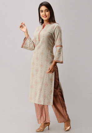 Printed Cotton Flex Kurta with Palazzo in Grey