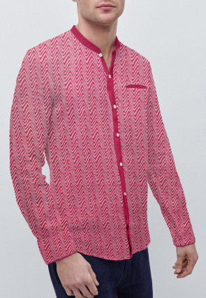 Printed Cotton Front Open Shirt in Red
