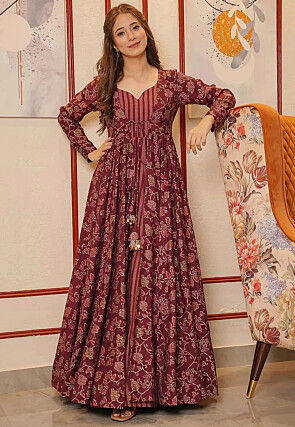 Printed Cotton Gown in Maroon