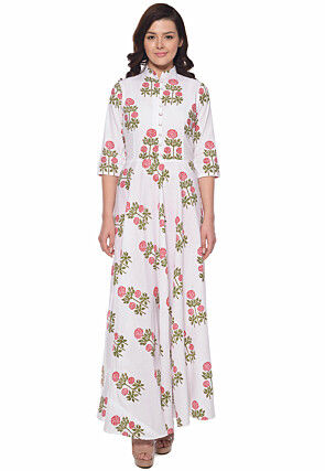 Printed Cotton Gown in White