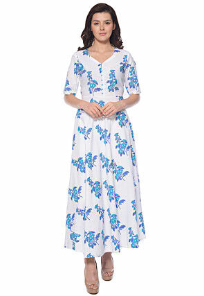 Printed Cotton Gown Set in White