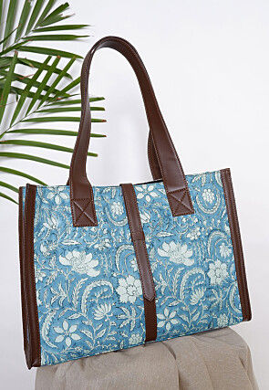 Printed Cotton Hand Bag in Light Blue