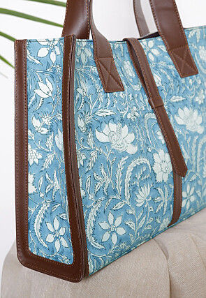 Printed Cotton Hand Bag in Light Blue