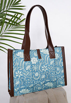 Printed Cotton Hand Bag in Light Blue