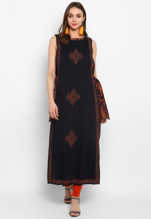 Printed Cotton Jacket Style Kurta in Black and Orange