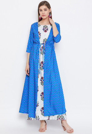 Printed Cotton Jacket Style Kurta in Blue and Off White