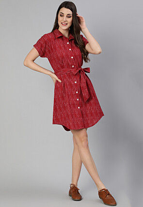 Printed Cotton Jacquard Button Down Dress in Red