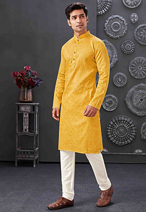 Printed Cotton Jacquard Kurta Set in Mustard