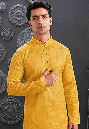 Printed Cotton Jacquard Kurta Set in Mustard