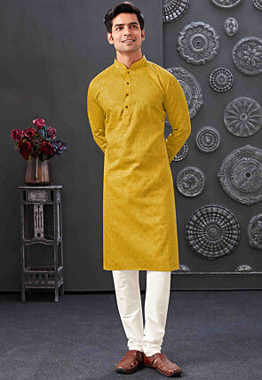 Printed Cotton Jacquard Kurta Set in Mustard