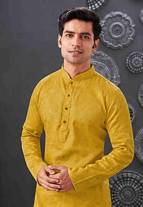Printed Cotton Jacquard Kurta Set in Mustard